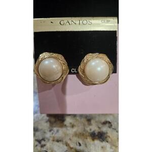 Vintage New Large GANTOS  Gold Tone Faux Moby Pearl Clip Earrings NEW